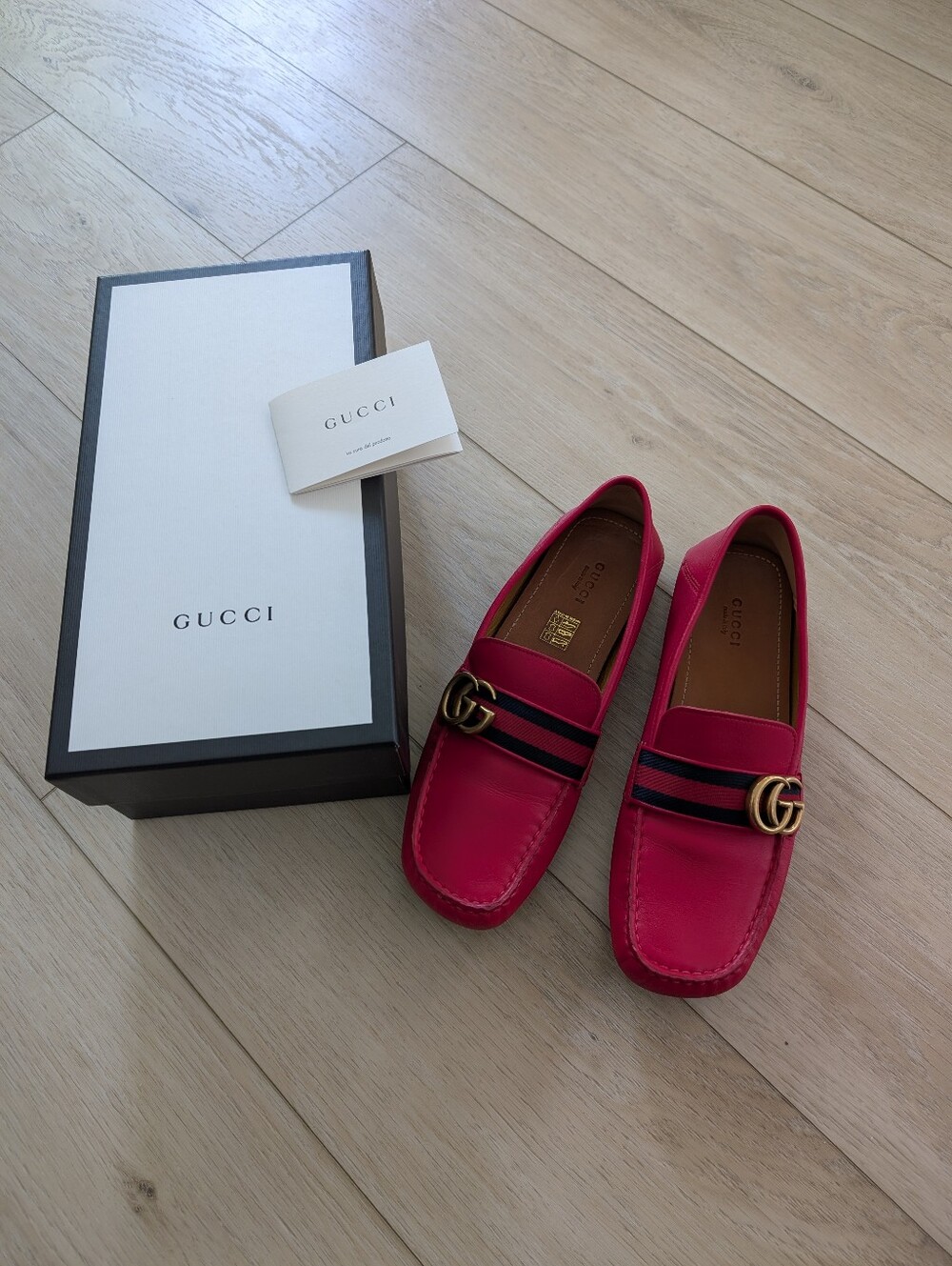 Gucci Red Leather Loafers Driving Shoes 40